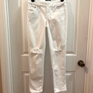 White House Black Market “slim crop” distressed jeans, Gold insignia back pocket